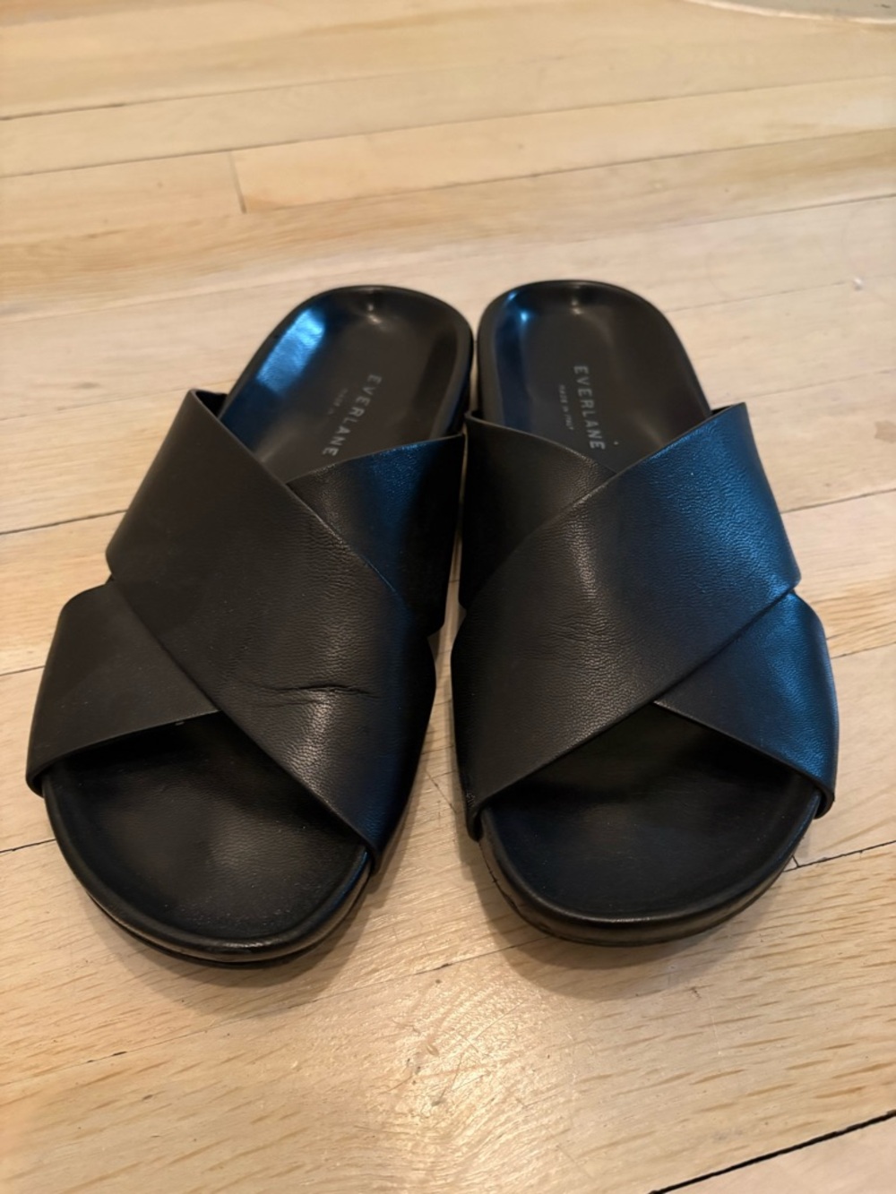 Everlane Black Leather Crisscross Slide Sandals